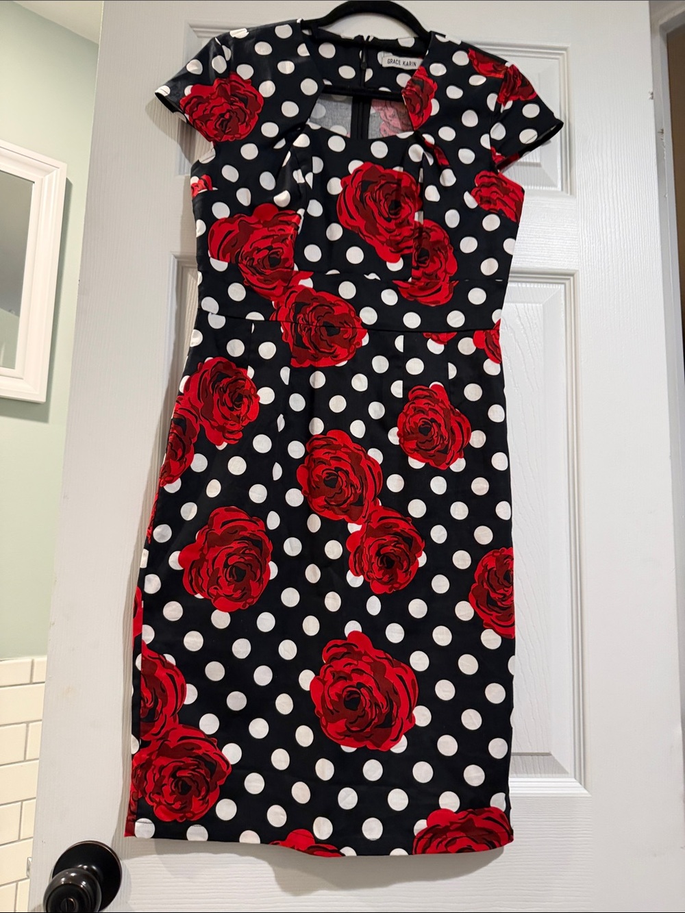 Retro -Grace Karin Black Polka Dot Midi Dress with Red Rose Print